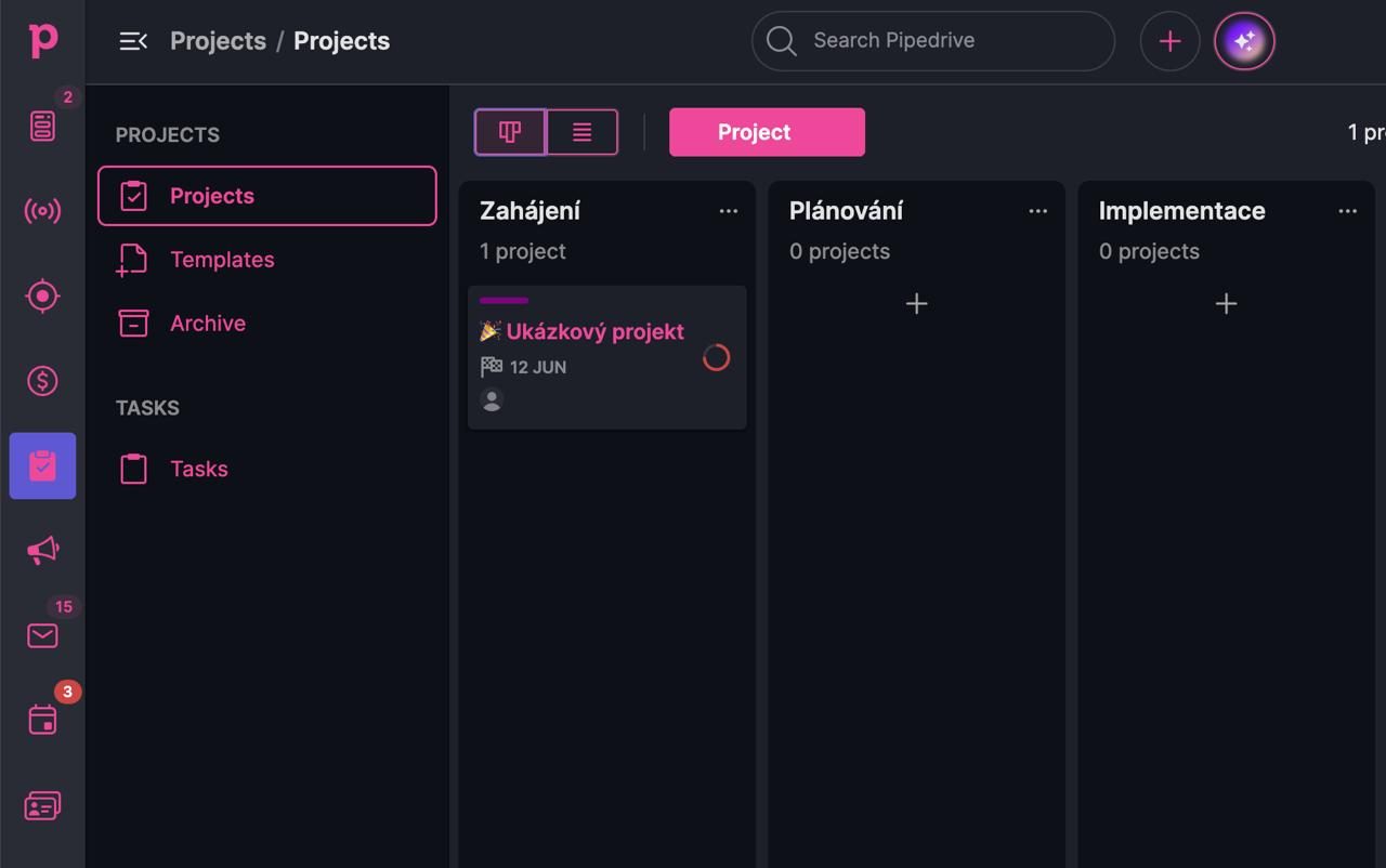 Pipedrive Projects in dark mode with a pink accent